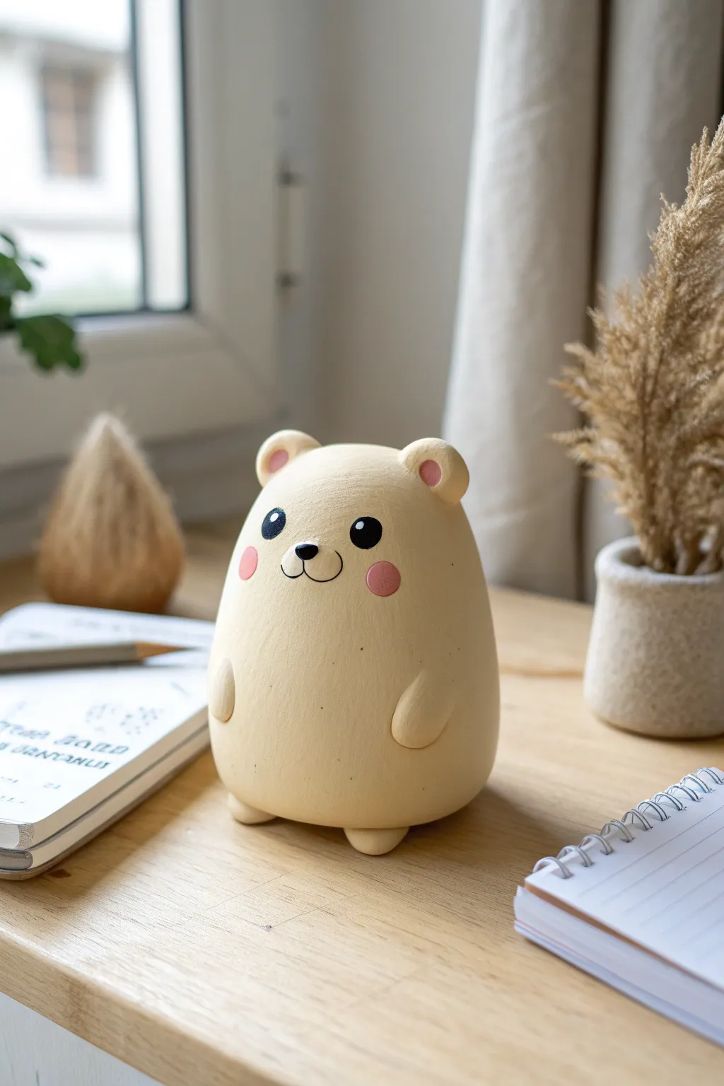 Cute blob bear desk buddy in pastel clay, cozy minimalist styling for kids craft inspiration.