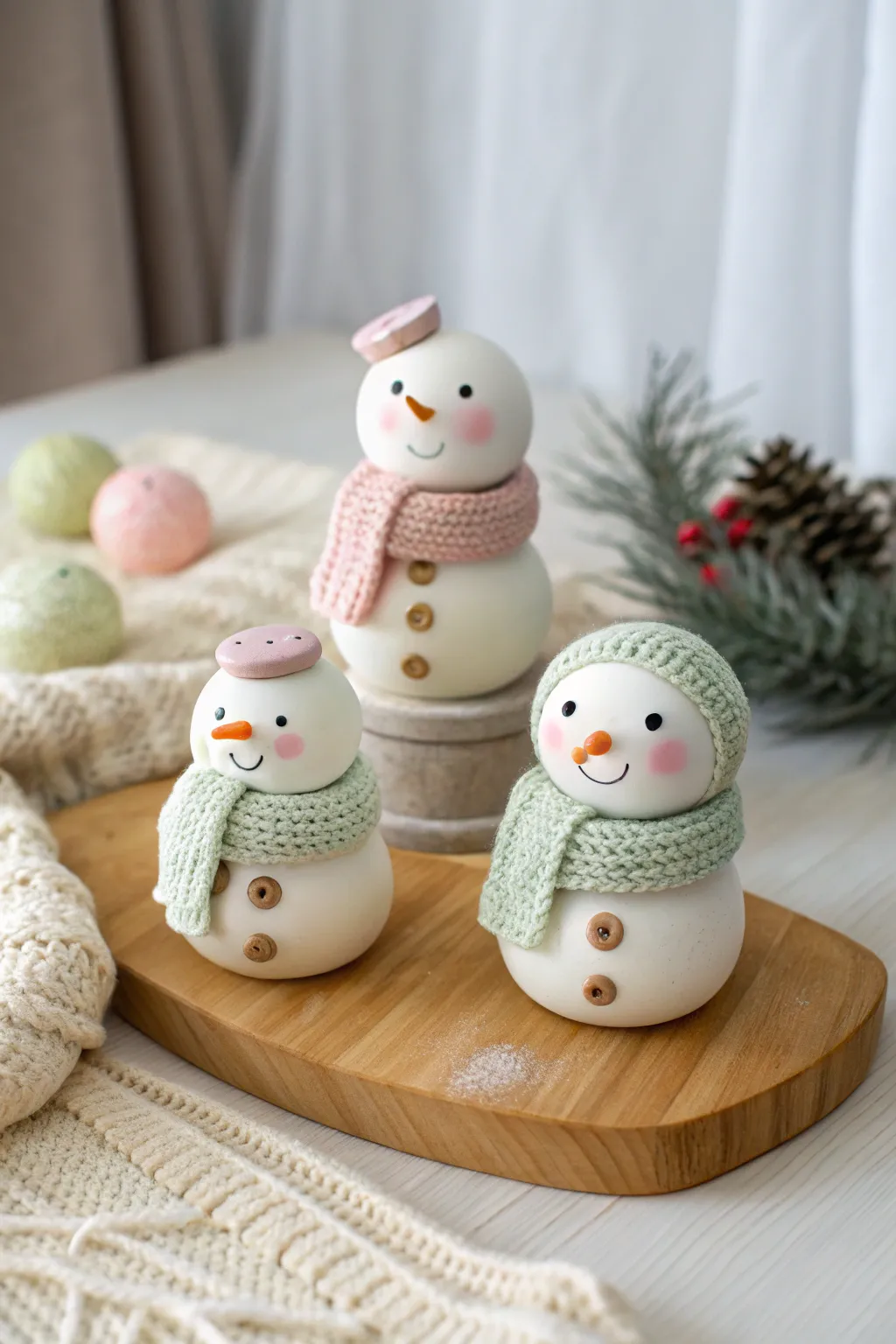 Chubby pastel kawaii snowmen mini figurines, a sweet handmade clay family for Christmas
