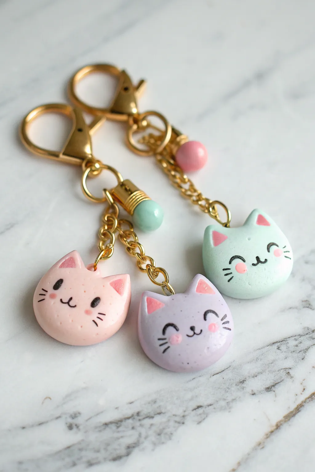 Pastel chibi cat head clay charms on a simple brass keyring, sweet kawaii dangles in focus