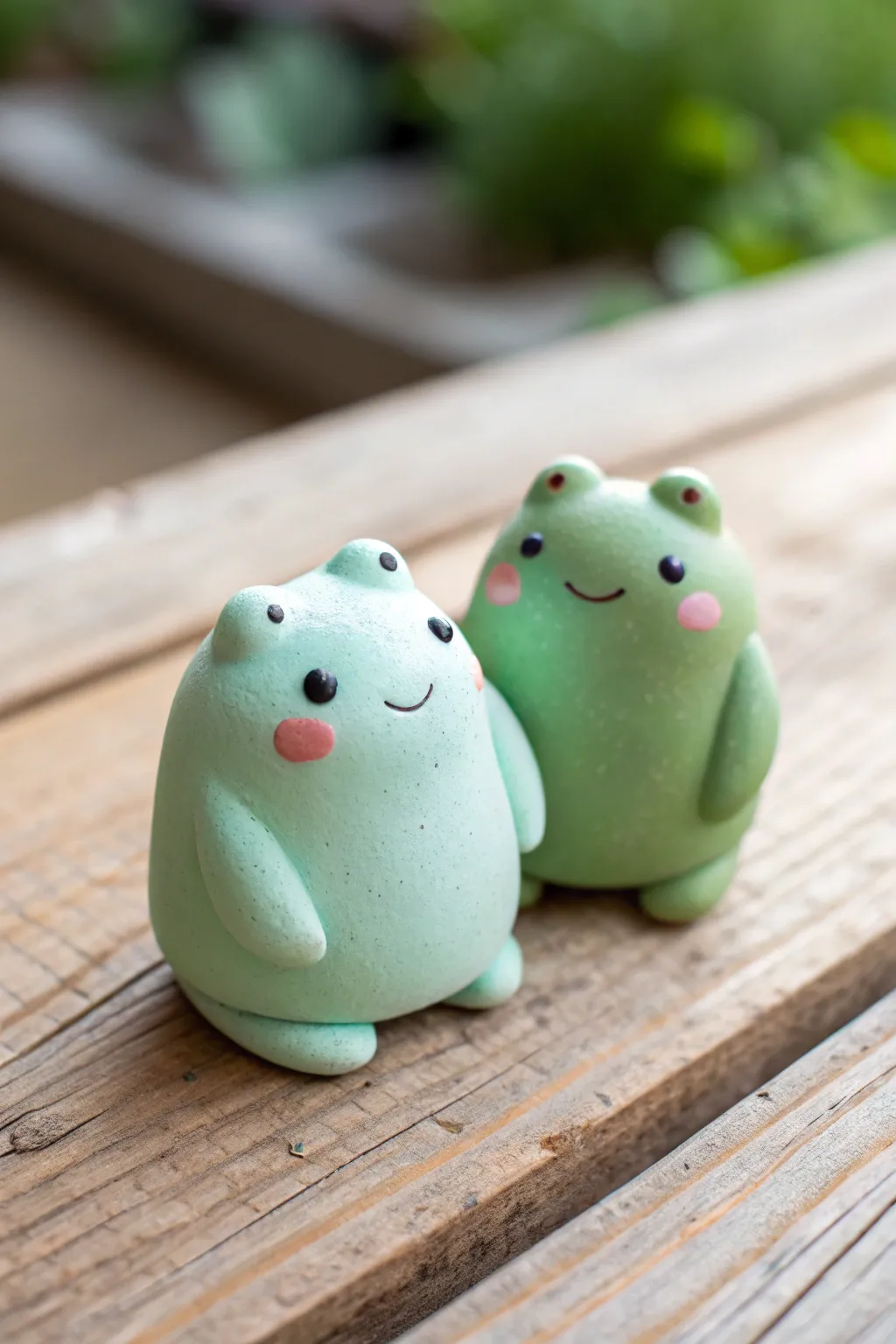 Chubby mint and sage kawaii clay frogs with blush cheeks, side by side in a calm minimalist scene.