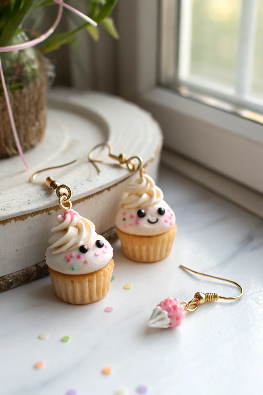 Sweet kawaii cupcake earrings in pastel clay, swirly frosting and tiny sprinkles on white.
