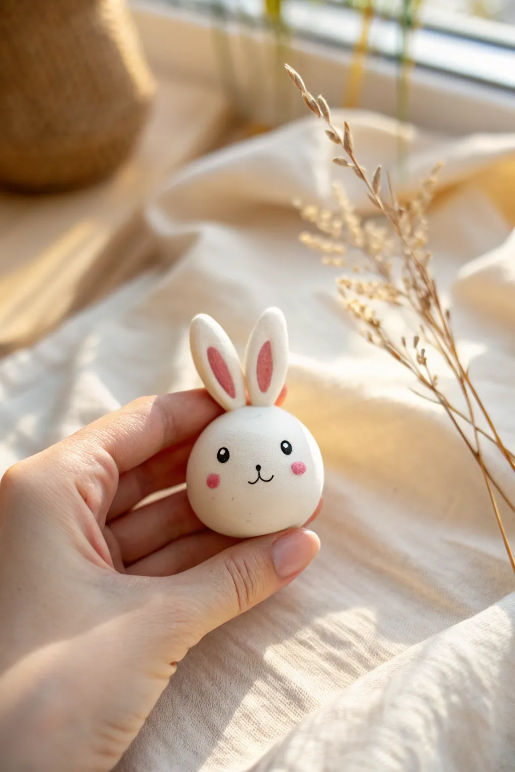 Round bunny charm held in hand, minimalist kawaii finish and an easy air dry clay project