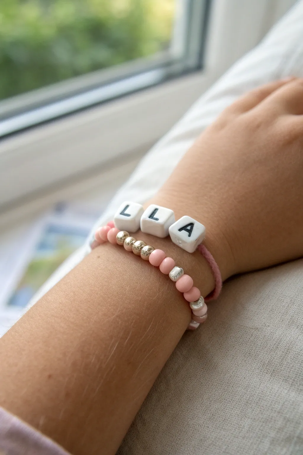 Sweet and simple heishi bead name bracelet with a matching solid-color stack for kids.