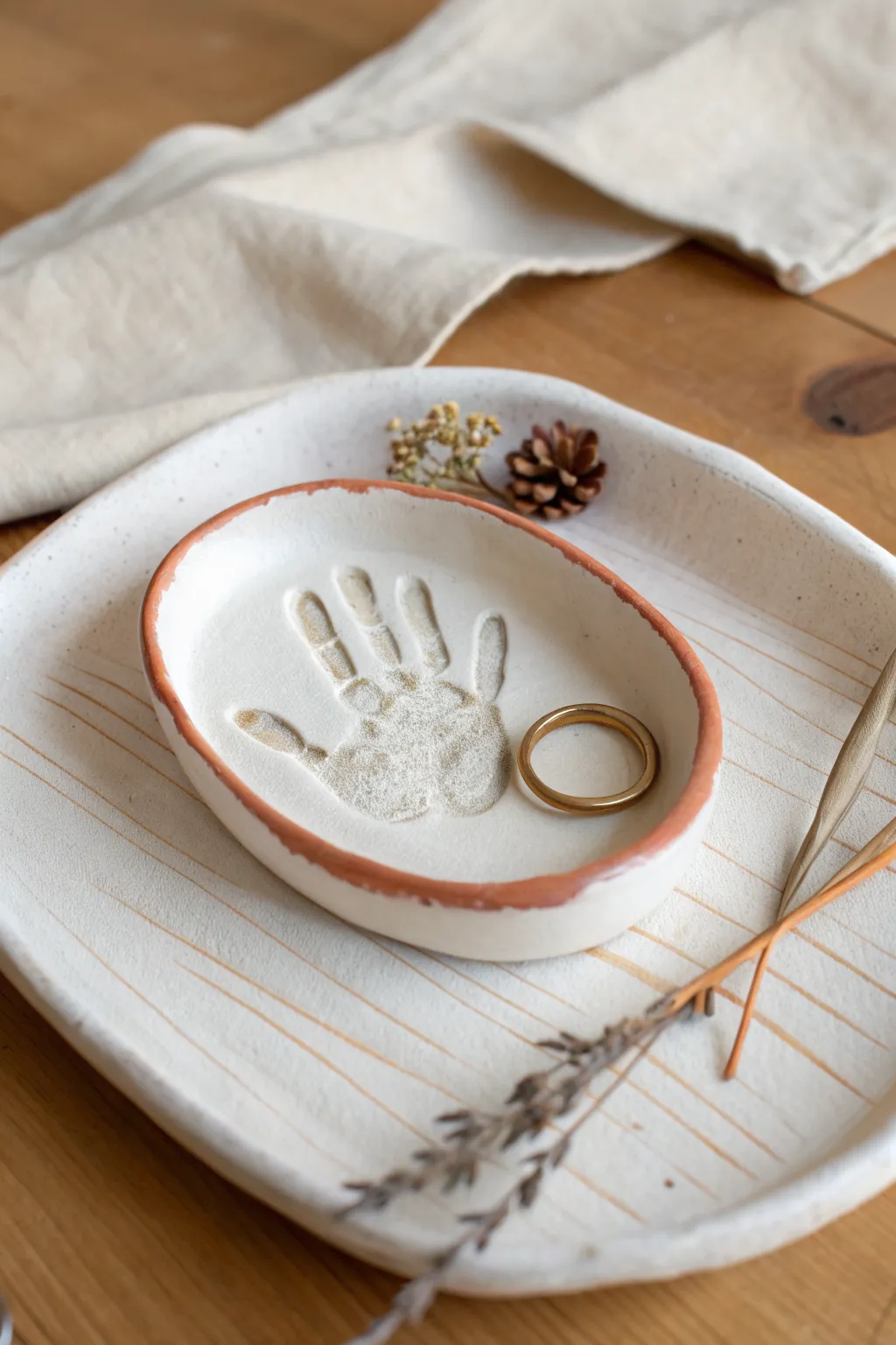 Sweet air dry clay handprint dish with a modern pop of color, styled as a tiny keepsake tray.