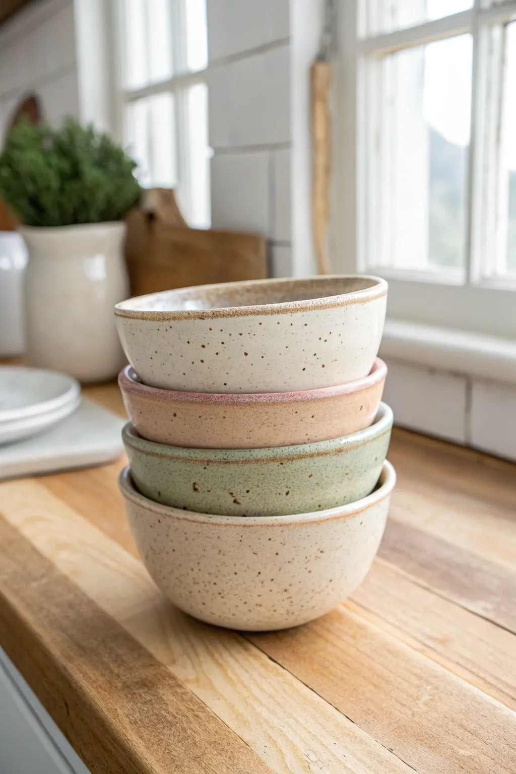 Stackable kiln-fired snack bowls in soft neutral glazes, minimalist and handcrafted.