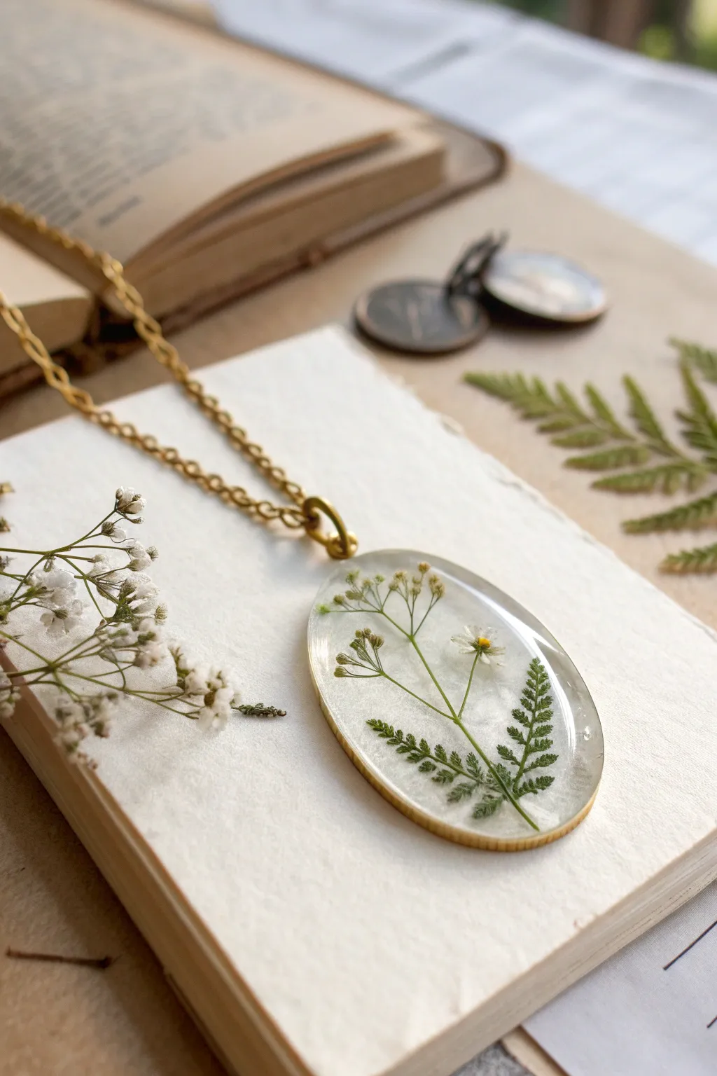 Crystal-clear botanical pendant made with liquid clay, dried blooms floating inside for a soft boho look.