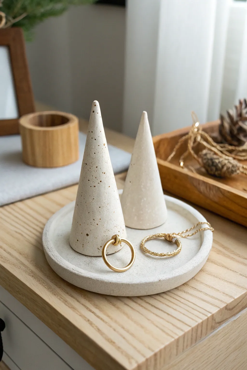 Tiny air dry clay cone ring holders that keep your jewelry tidy in minimalist style