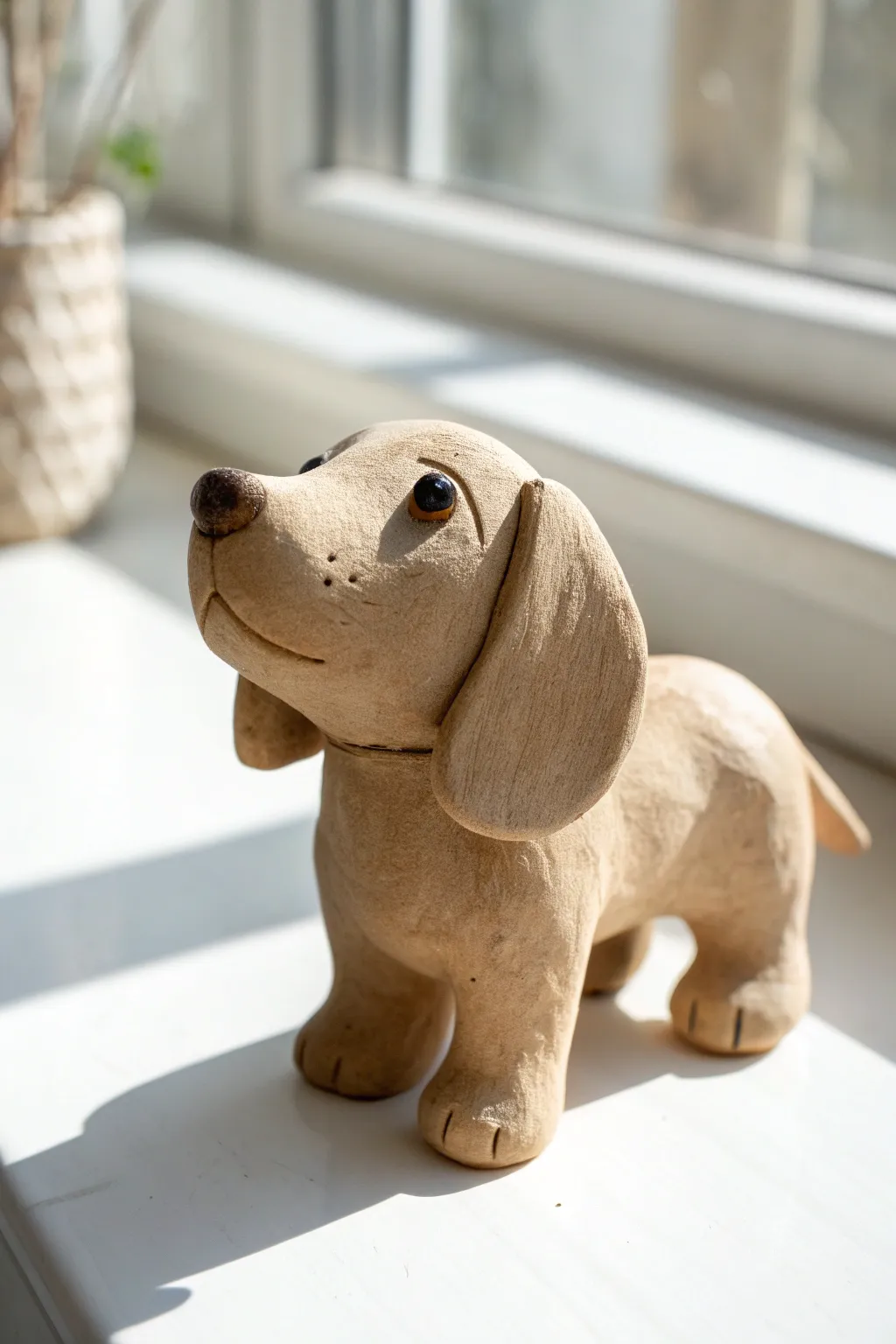 A tiny floppy-eared clay puppy in warm beige, styled minimally for a clean, cozy look.