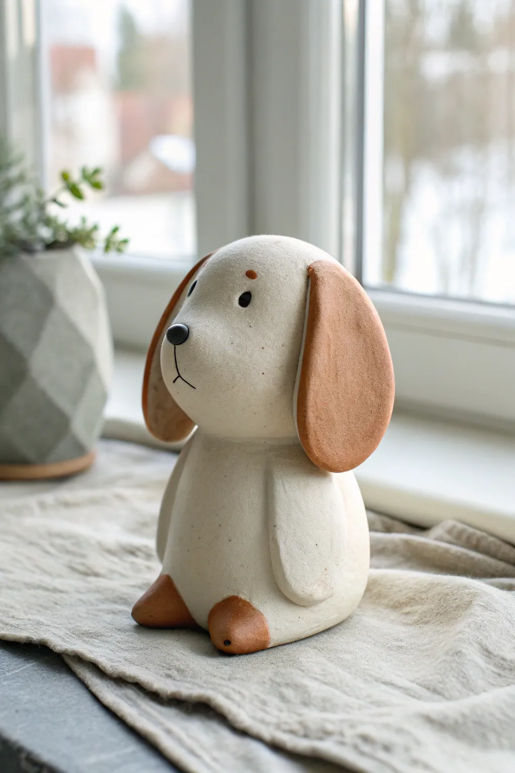 Simple two-tone mini clay puppy with floppy ears, perfect beginner figure for cozy decor.