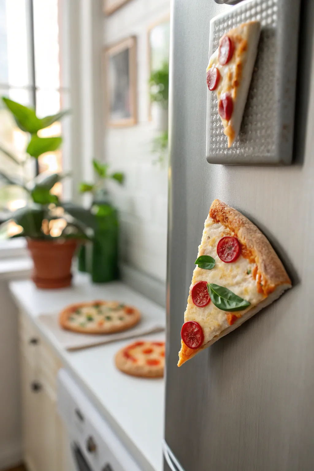 Mini pizza slice clay magnet with melty texture, styled minimalist on a brushed steel fridge