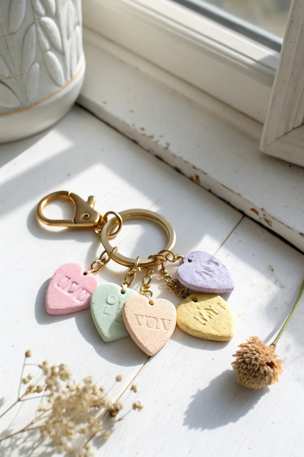 Sweet pastel clay heart keychain cluster for a simple, love-filled accessory you can DIY