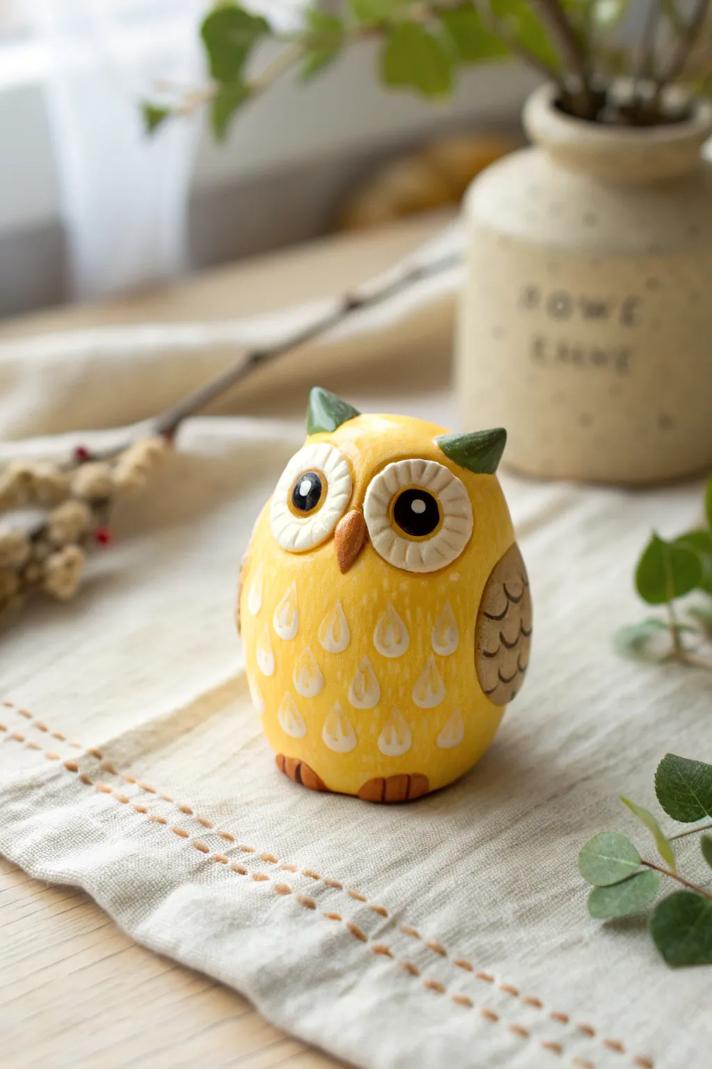 Round owl buddy with big eyes in bright colors, a simple magical clay idea for beginners