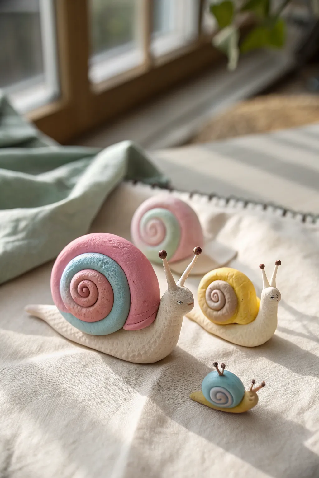 Swirly magic clay snail friends in soft pastels, a cute kid friendly project with minimalist style