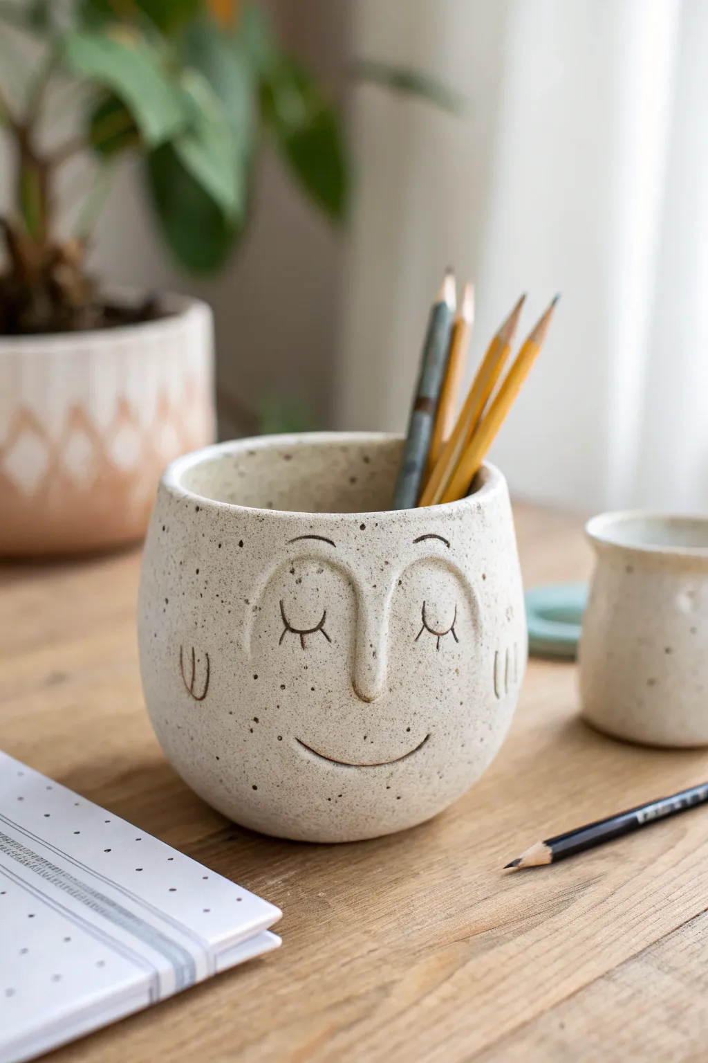 Funny face pinch pot holder in matte clay, styled as a pencil cup for middle school projects