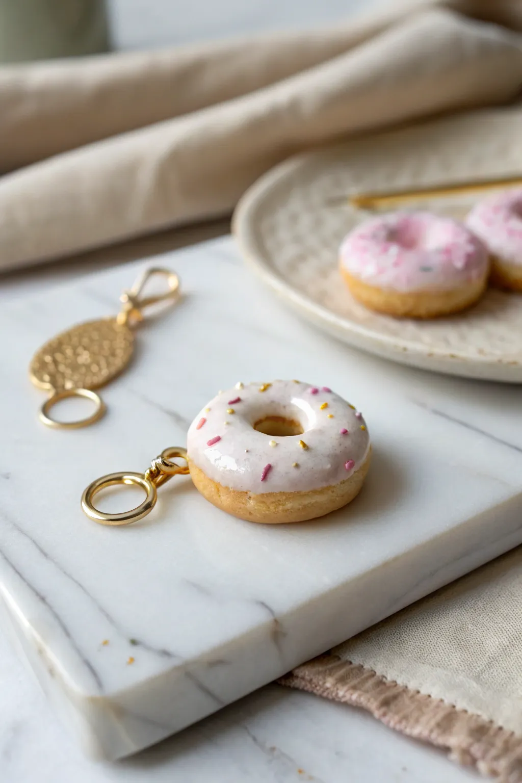 Pastel mini donut and pastry clay charms in minimalist Scandinavian styling with a simple scale cue.