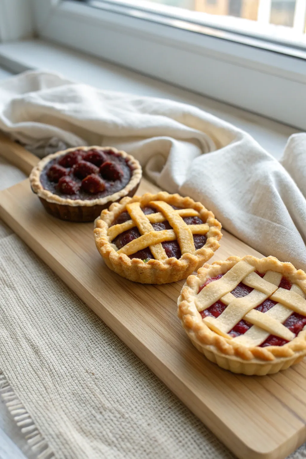 Tiny lattice pie minis in cozy colors, styled minimal and bright for sweet clay craft inspiration.