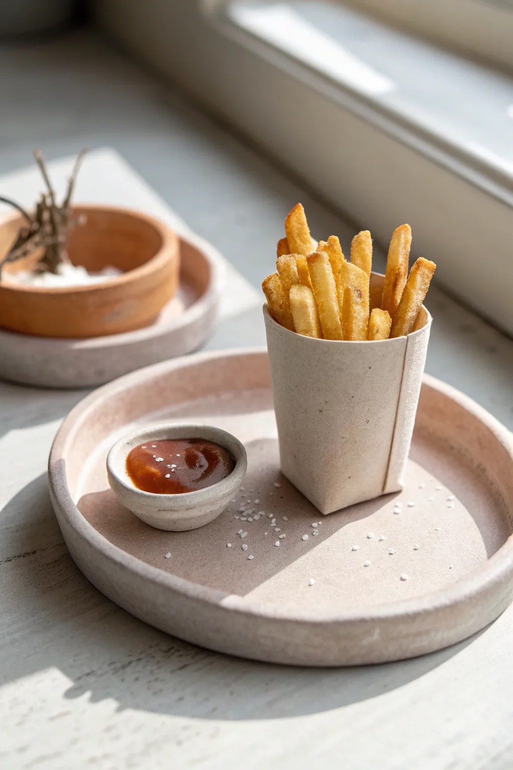 Mini clay fries with salty texture in a tiny holder, styled Scandinavian minimalist with boho warmth.