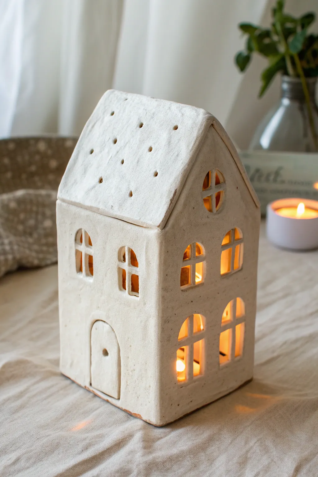 Cozy mini clay house luminary with warm window glow, minimalist Scandinavian charm.