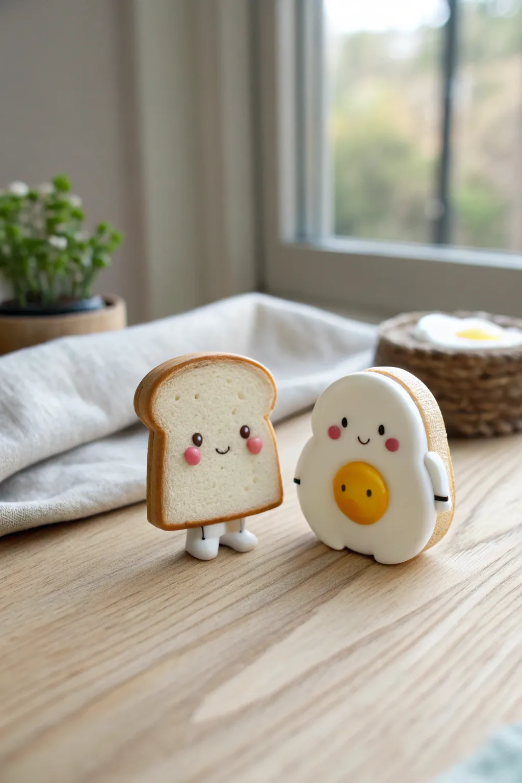 Mini toast and sunny egg best-friends, sweet and simple clay duo in cozy minimalist style