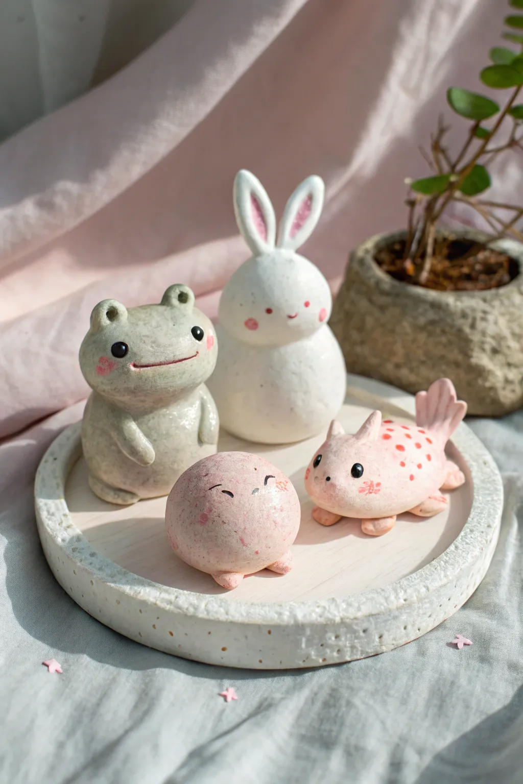 Kawaii clay blob animals in soft pastels, a simple mini trio perfect for Pinterest shelves.