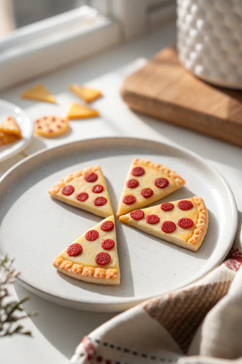 Tiny pizza slice clay magnets arranged like a mini pizza wheel, cozy minimalist boho kitchen vibes