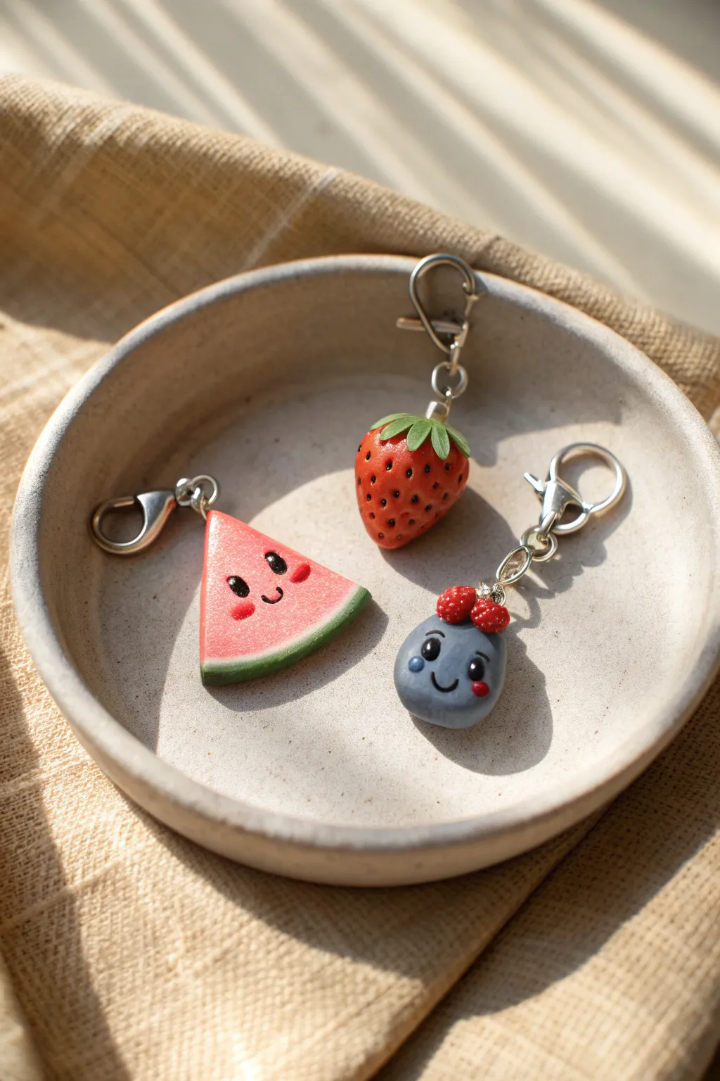 Tiny fruit charms with sweet faces, styled on a small dish for a minimalist boho vibe.