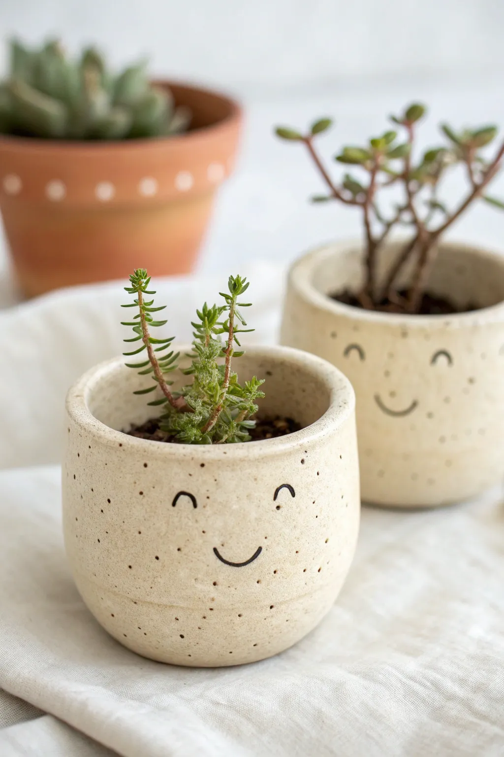 Two mini pinch-pot characters with dot eyes and tiny smiles, a simple cute clay project idea.