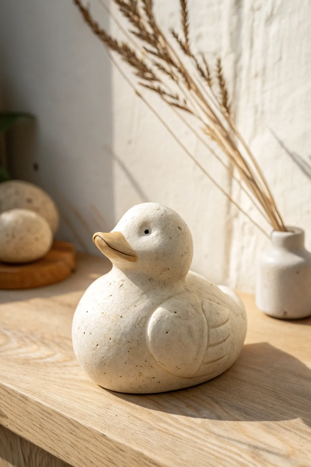 Chubby sitting mini clay duck with a matte finish, minimalist Scandi boho charm for your shelf.