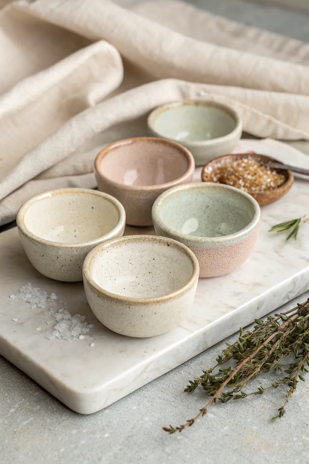 Tiny pinch bowls for salt and spices, minimal glaze tones, perfect for a handmade seasoning set.