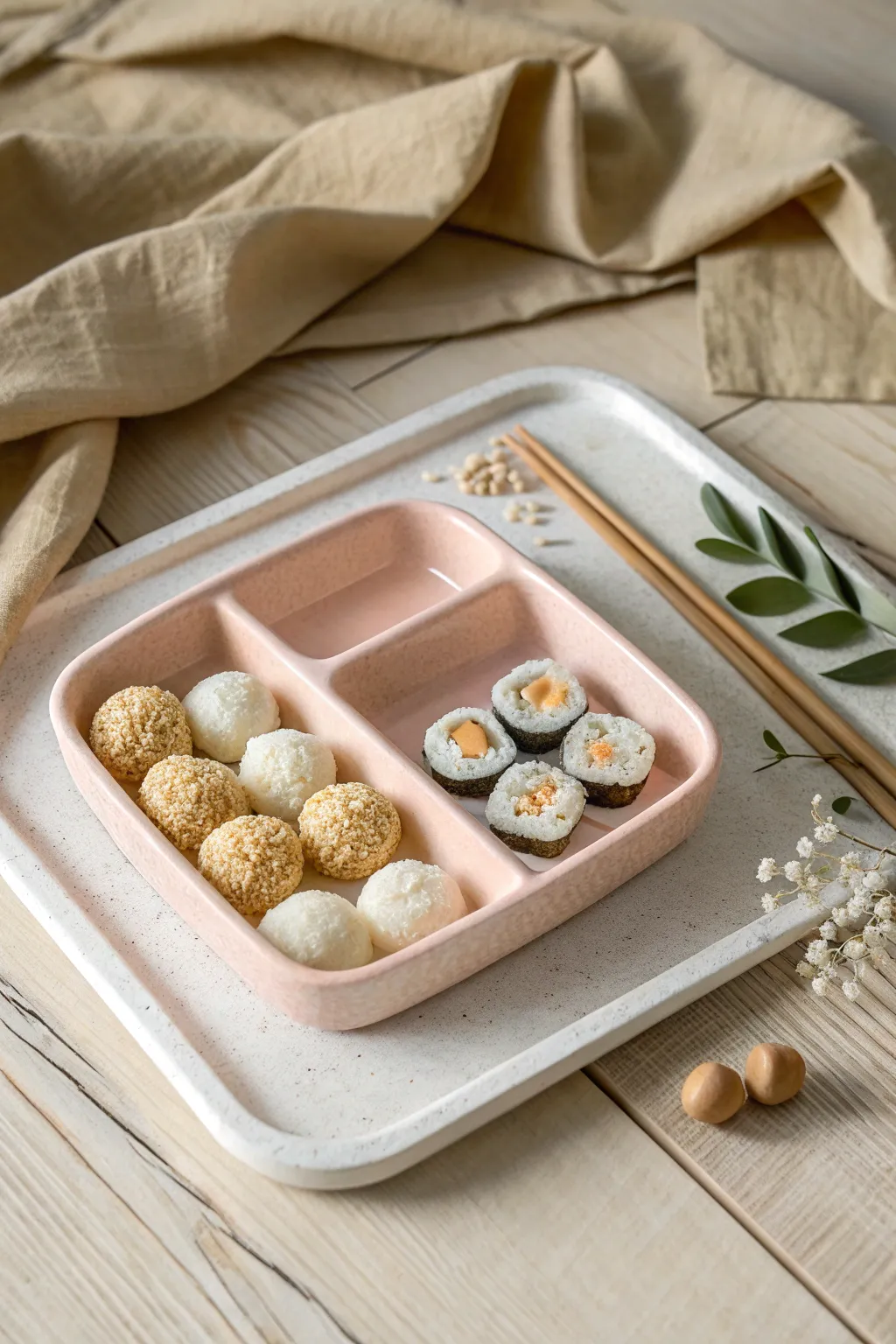 Mini air-dry clay bento tray with pastel sushi bites, minimalist and sweet for tiny decor.