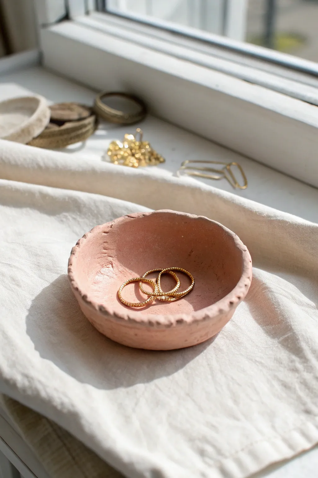 Handmade pinch-pot trinket dish in soft boho tones, perfect for rings and tiny treasures