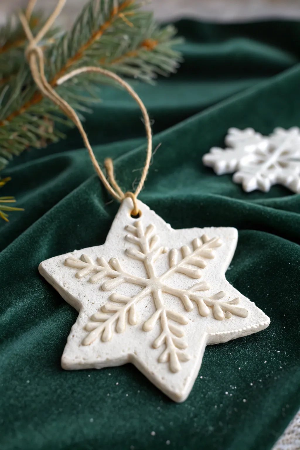 White clay snowflake ornament with embossed texture and a soft metallic shimmer on deep green.