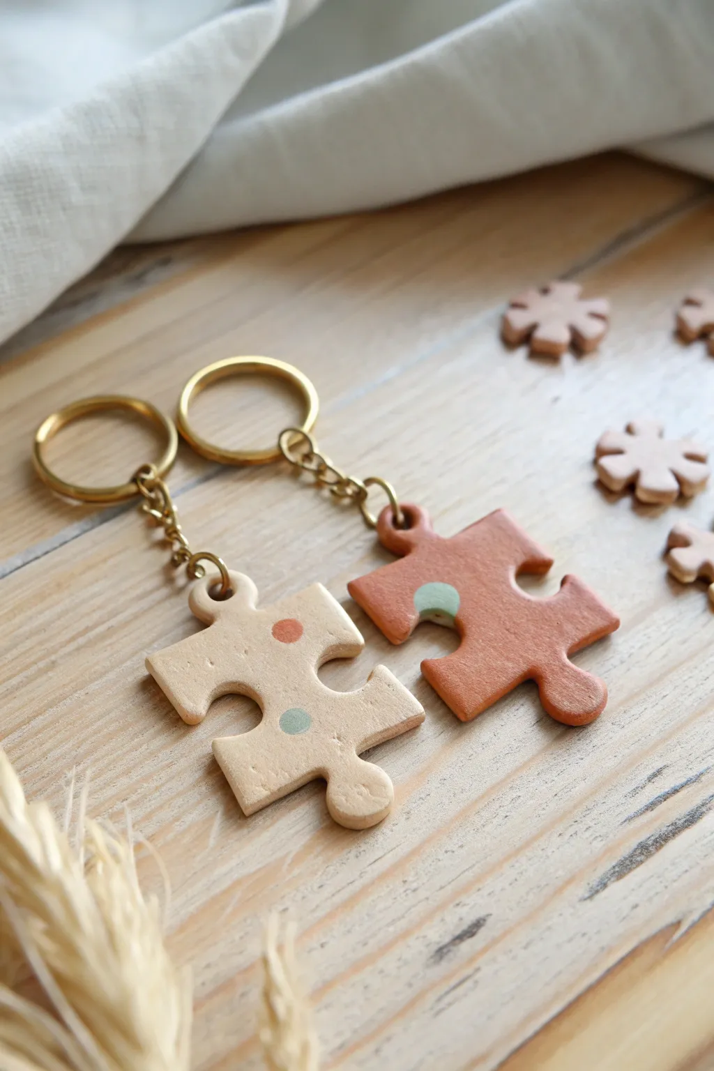 Two minimalist clay puzzle charms that click together, warm neutrals with tiny personal accents