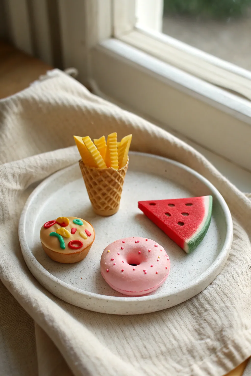 Play café at home: donut, fries, and watermelon minis made from modeling clay for kids.