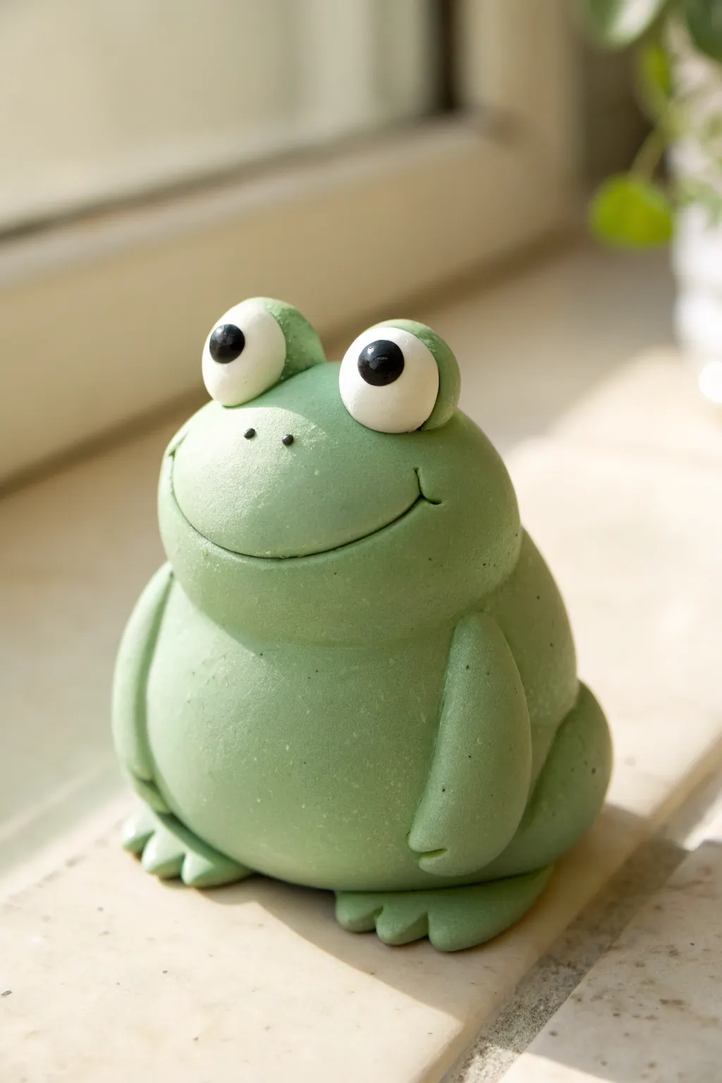 Round clay frog with big eyes, a simple step by step shape idea in soft Scandinavian style