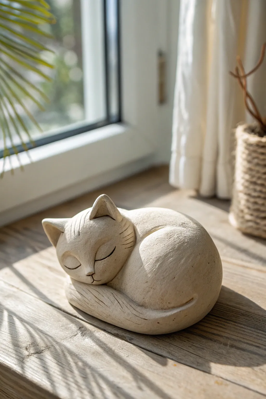 Cozy sleepy clay cat sculpture for your desk—minimal, smooth, and softly lit.