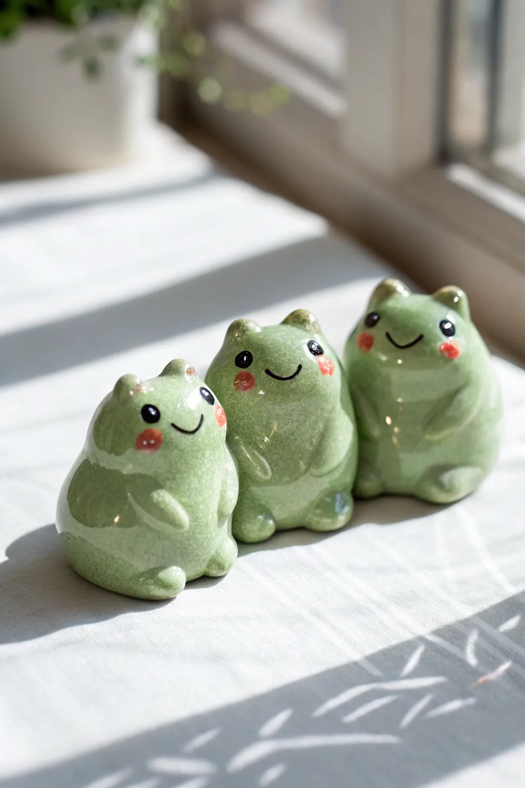 Mini blush-cheek frog friends: an easy modelling clay idea for cute, minimalist decor.