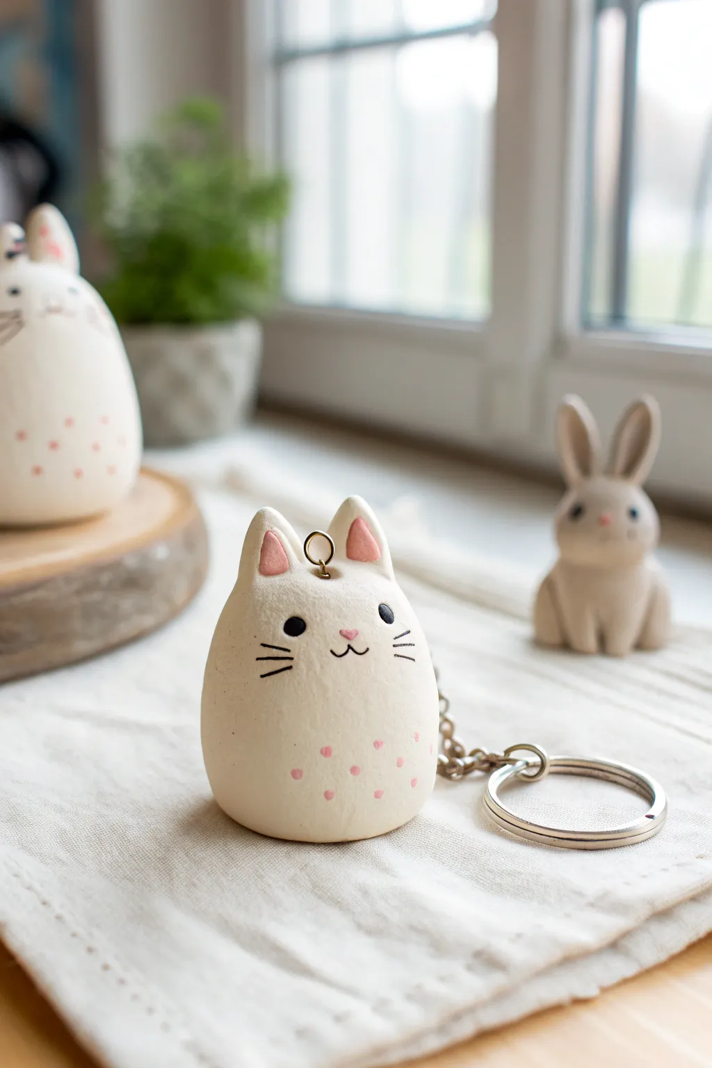 Cute chubby clay animal keychains in soft pastels, minimalist and sweet for your bag.