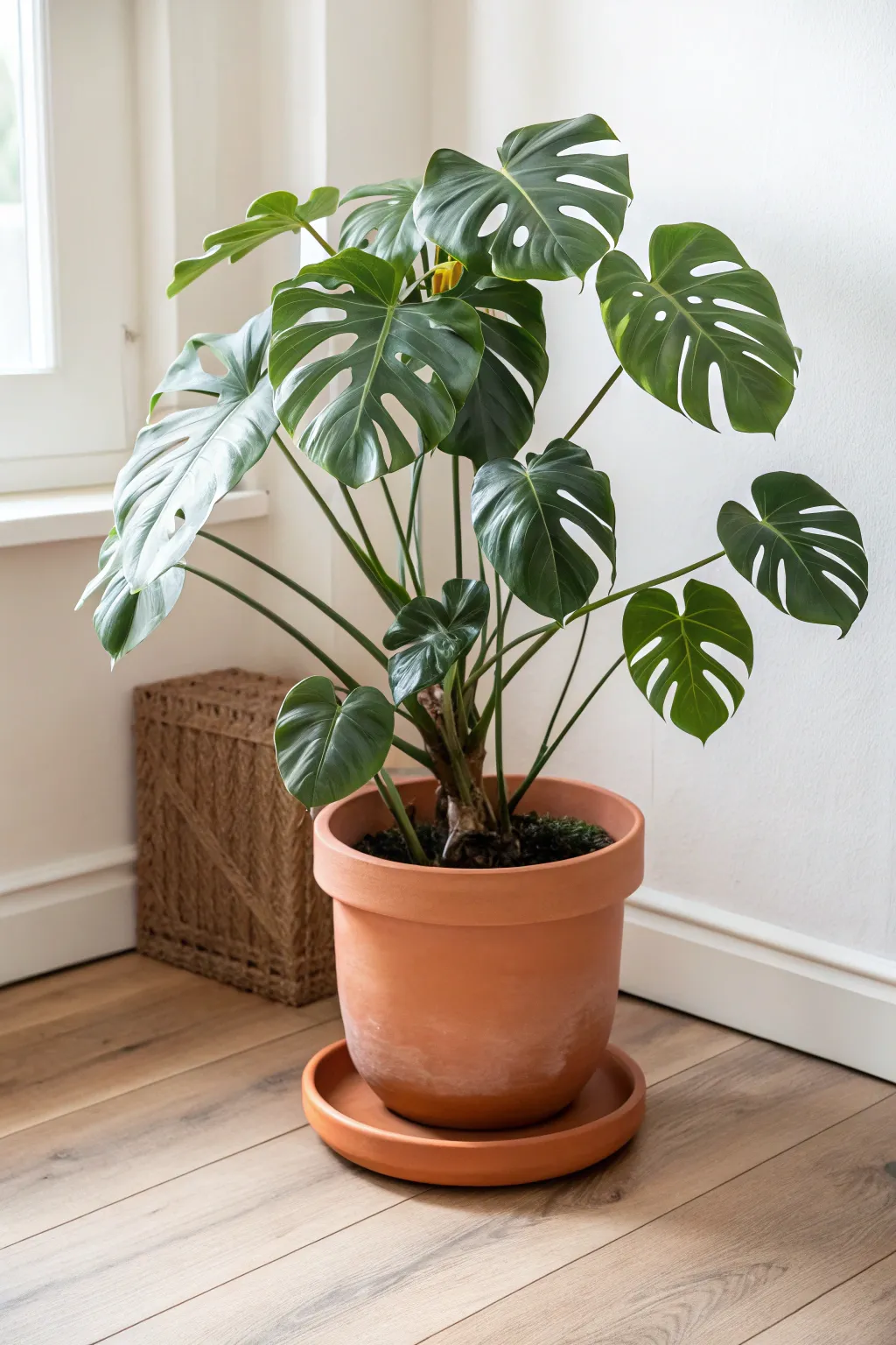 Warm terracotta and bold Monstera leaves, styled minimal with a matching saucer on oak
