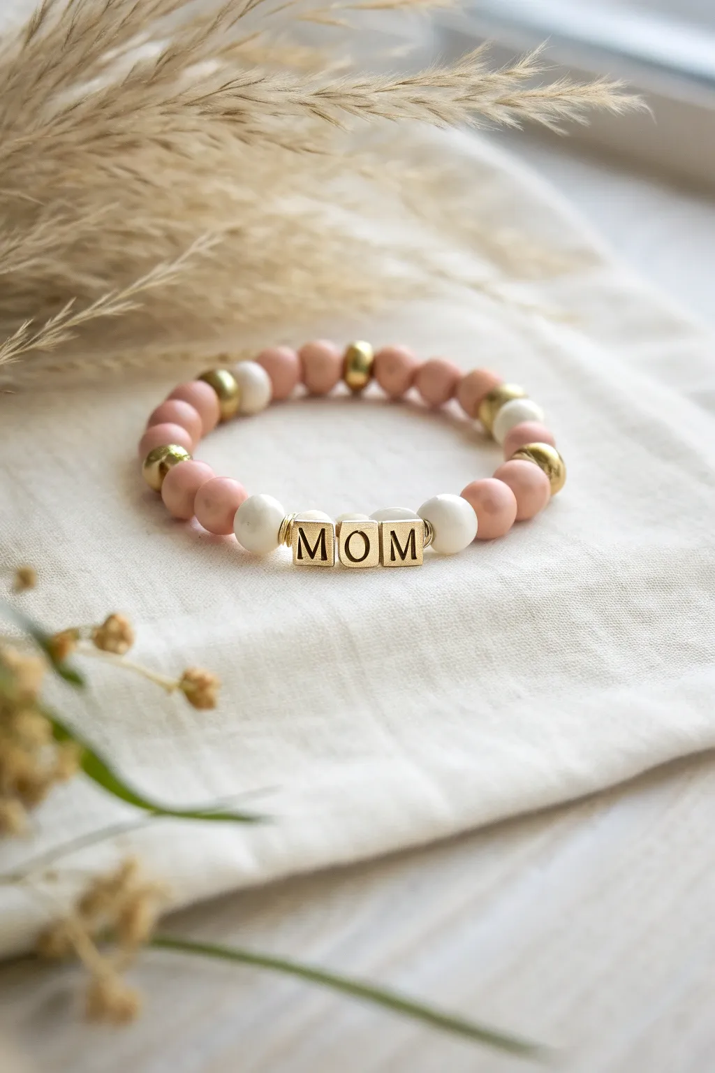 Minimal clay bead bracelet in blush and cream, with shiny spacers and a MOM center detail.