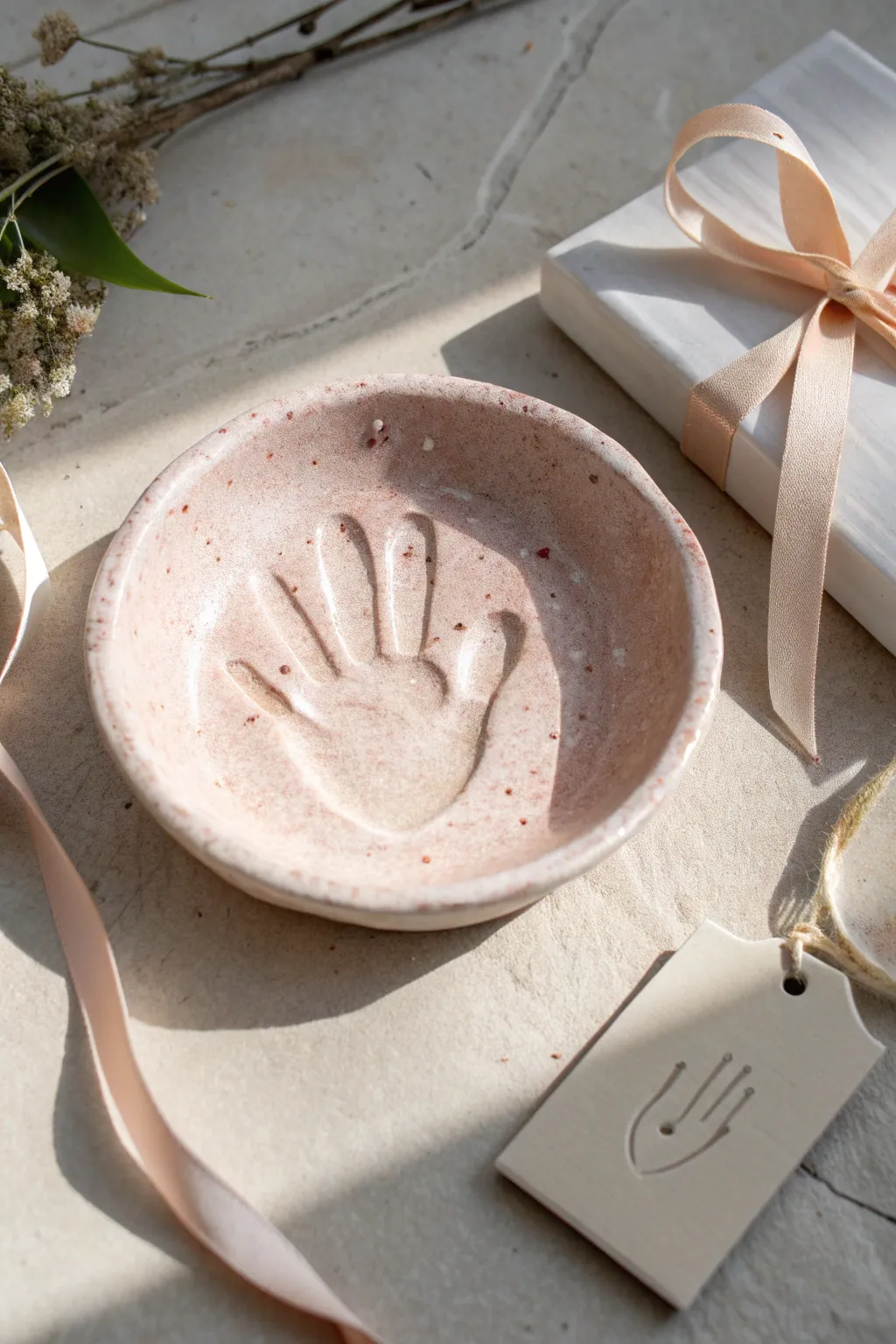 Handprint jewelry dish keepsake in soft blush clay, minimalist and heartfelt for Mothers Day gifting