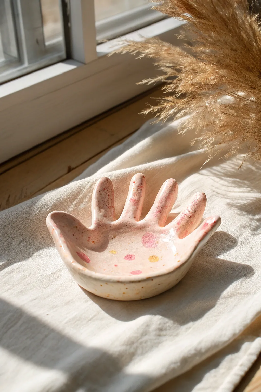 Sweet handprint jewelry dish in pastel glaze, a simple Mothers Day keepsake to treasure.