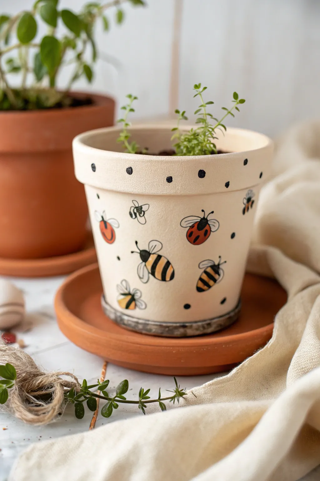 Sweet fingerprint bees and ladybugs on a tiny clay pot, a charming Mother’s Day gift idea.