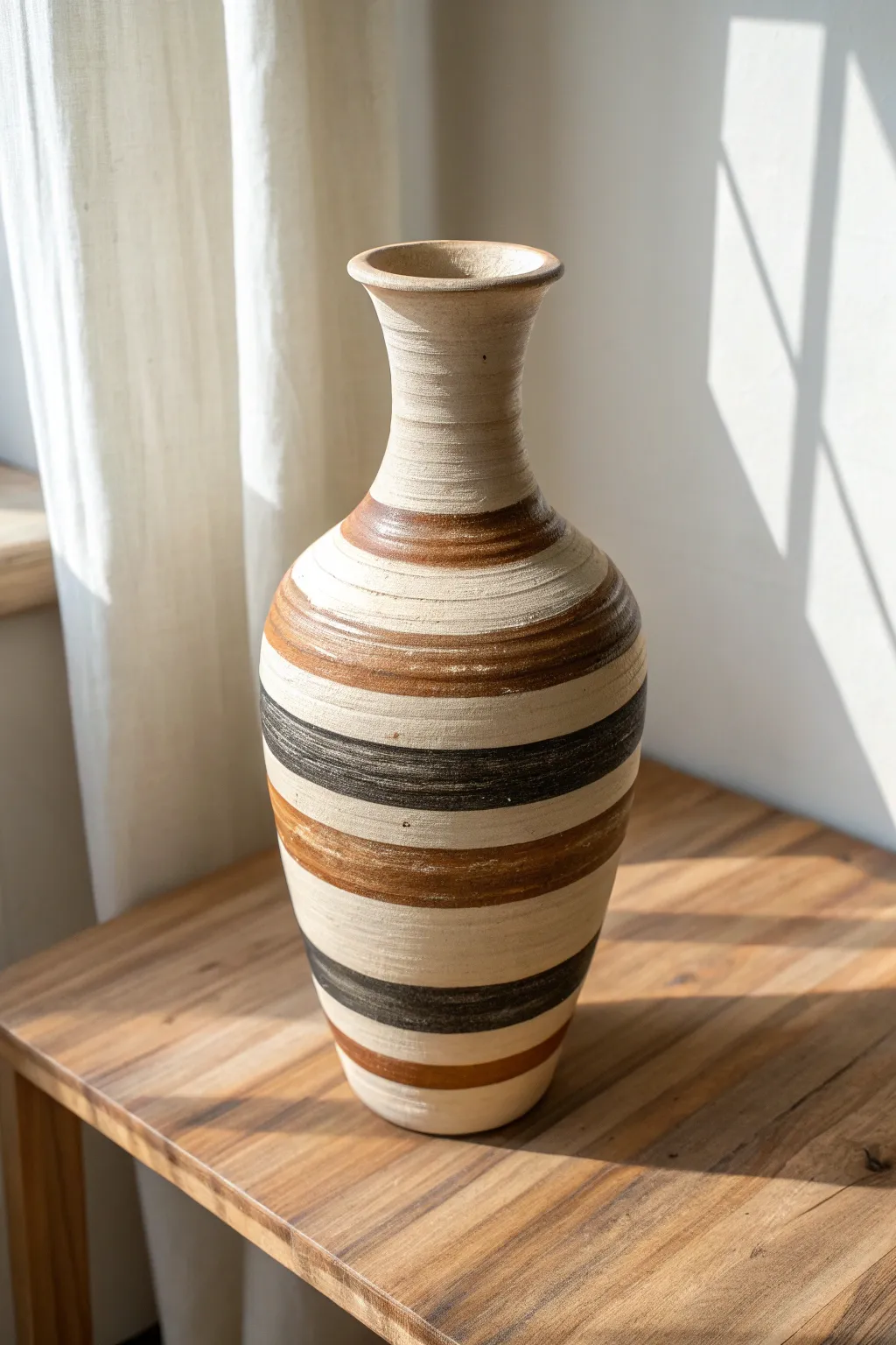 Bold cream and charcoal stripes on a tall mud vase, crisp edges and clean minimalist contrast.