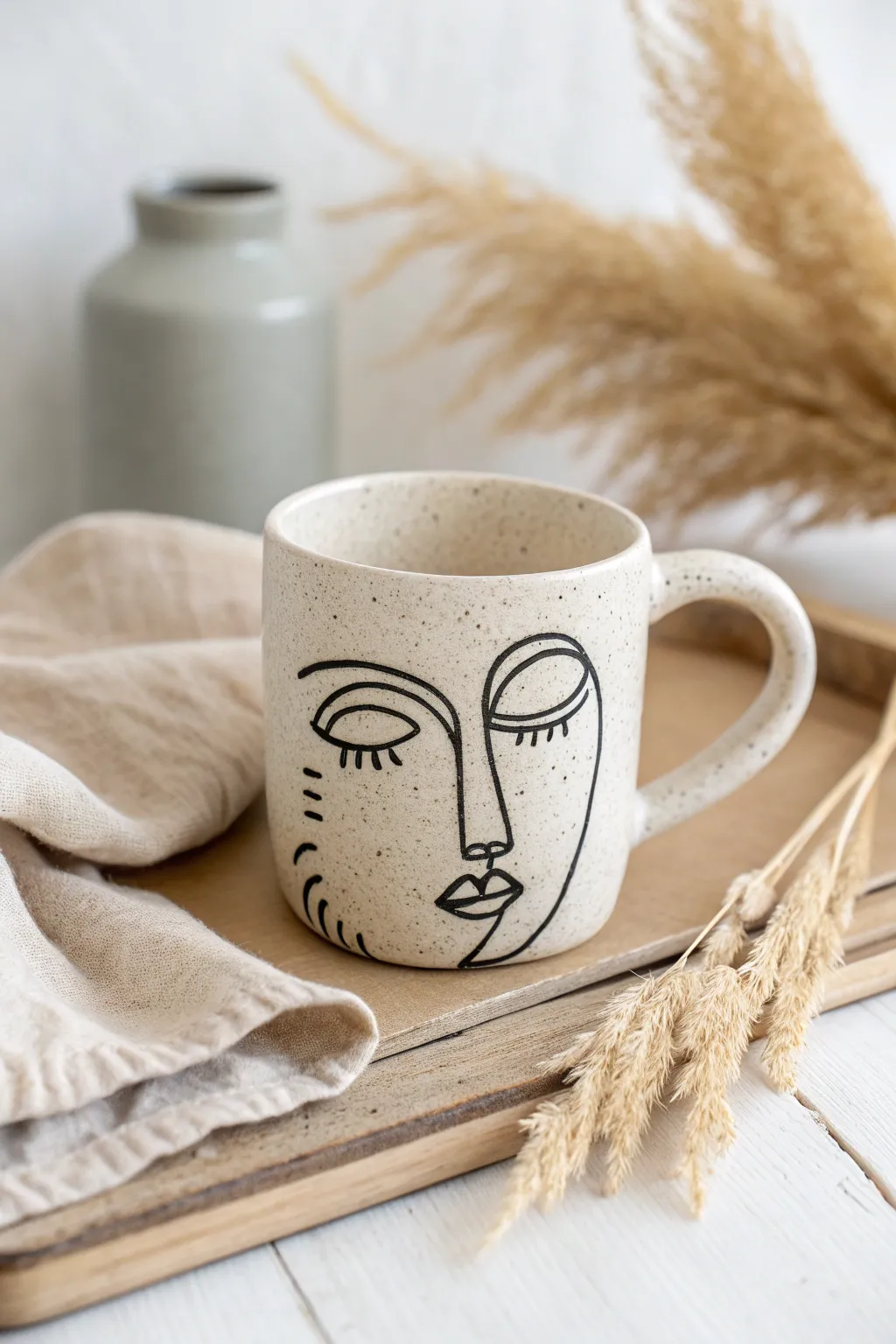 Minimal one-line face doodle mug in calm neutrals, perfect for simple modern mug art inspiration.