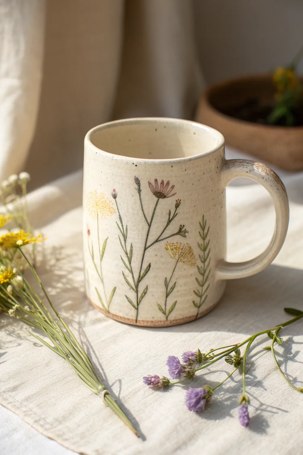 Wildflower meadow mug painting: delicate stems and tiny blooms rising from the base.