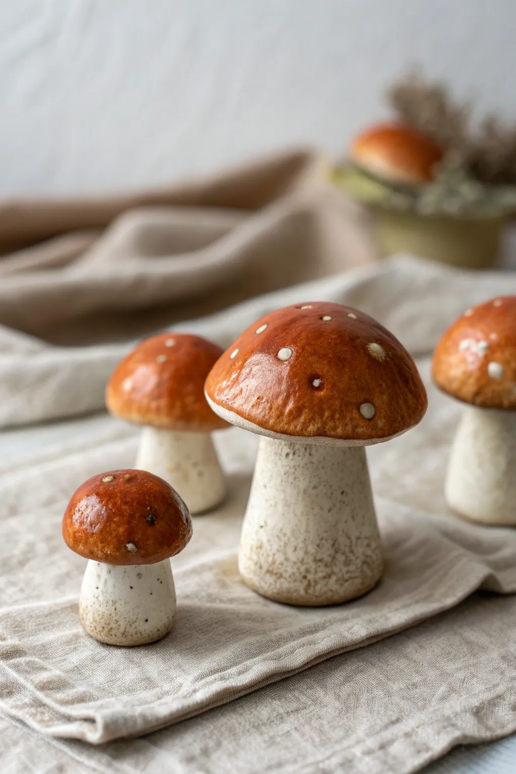 Pinch-pot pottery mushrooms in warm earthy glazes, styled like a tiny minimalist forest.