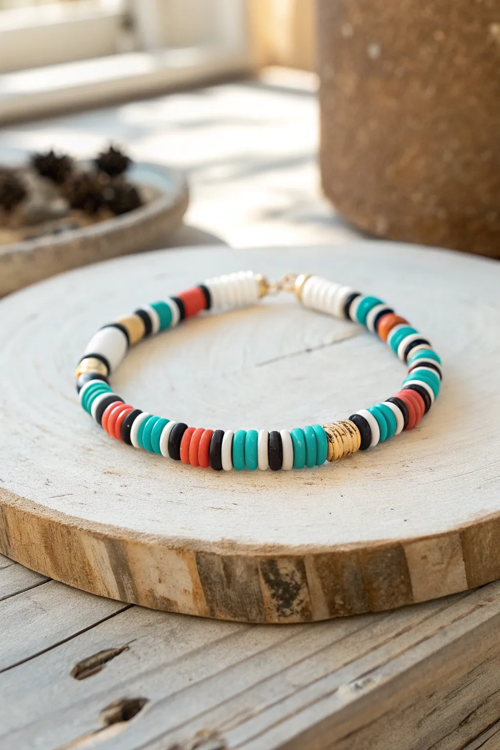 Bold color-block Heishi clay bracelet in turquoise, coral, and sunshine yellow on rustic wood.