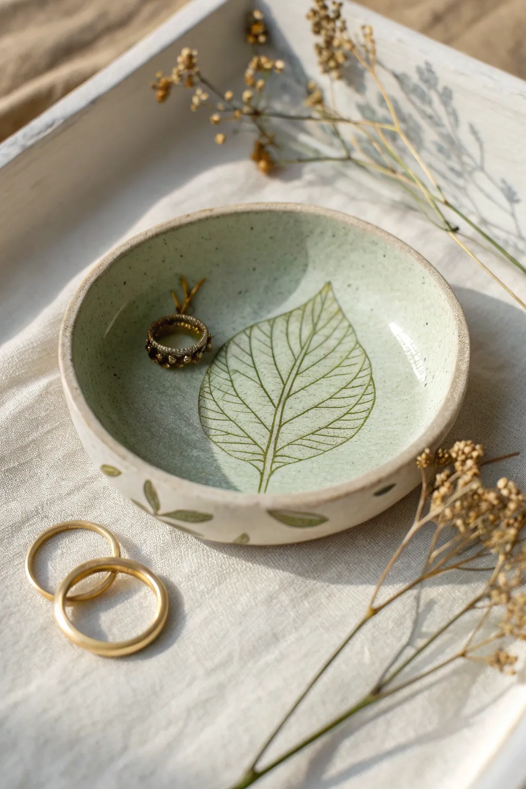 Soft sage leaf-pressed trinket dish in natural clay tones, styled for rings or a dried bloom