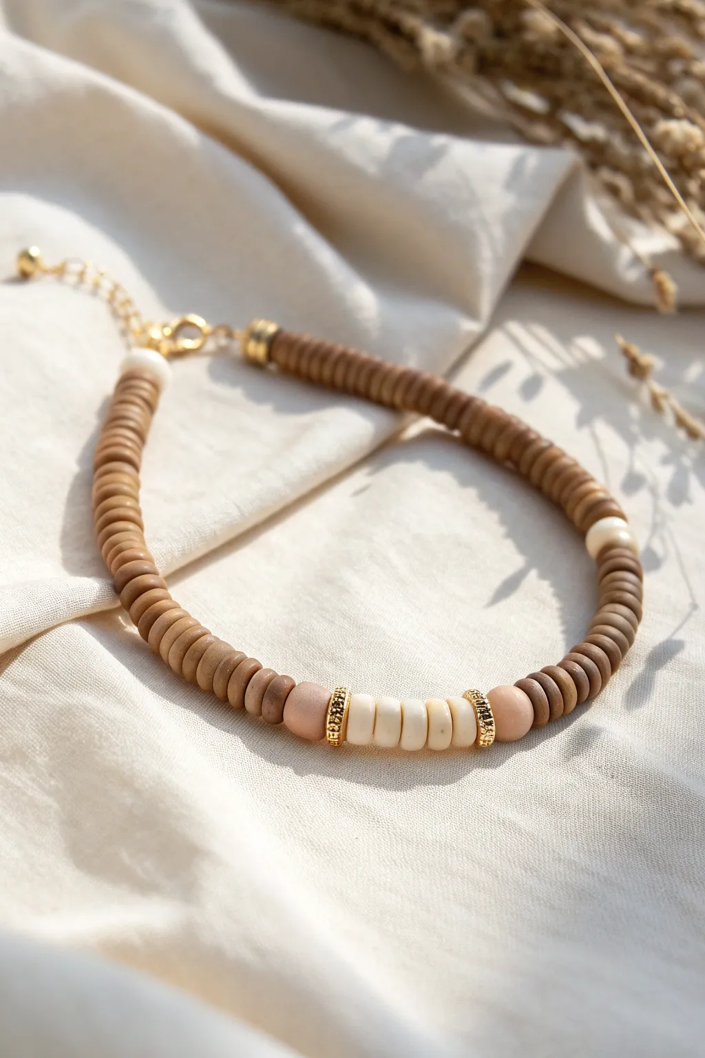 Neutral heishi bracelet with a mocha to taupe to cream ombre fade on soft linen